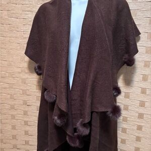 Elegant Brown Cape with Fur Pom-Pom Accents